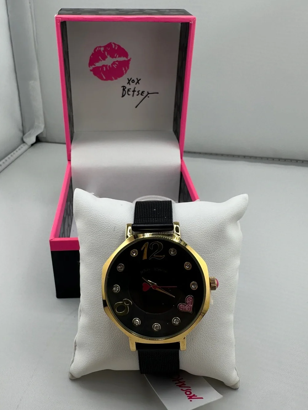 Betsey Johnson Black and Gold Tone Women's Heart Accent Watch with Pink Details